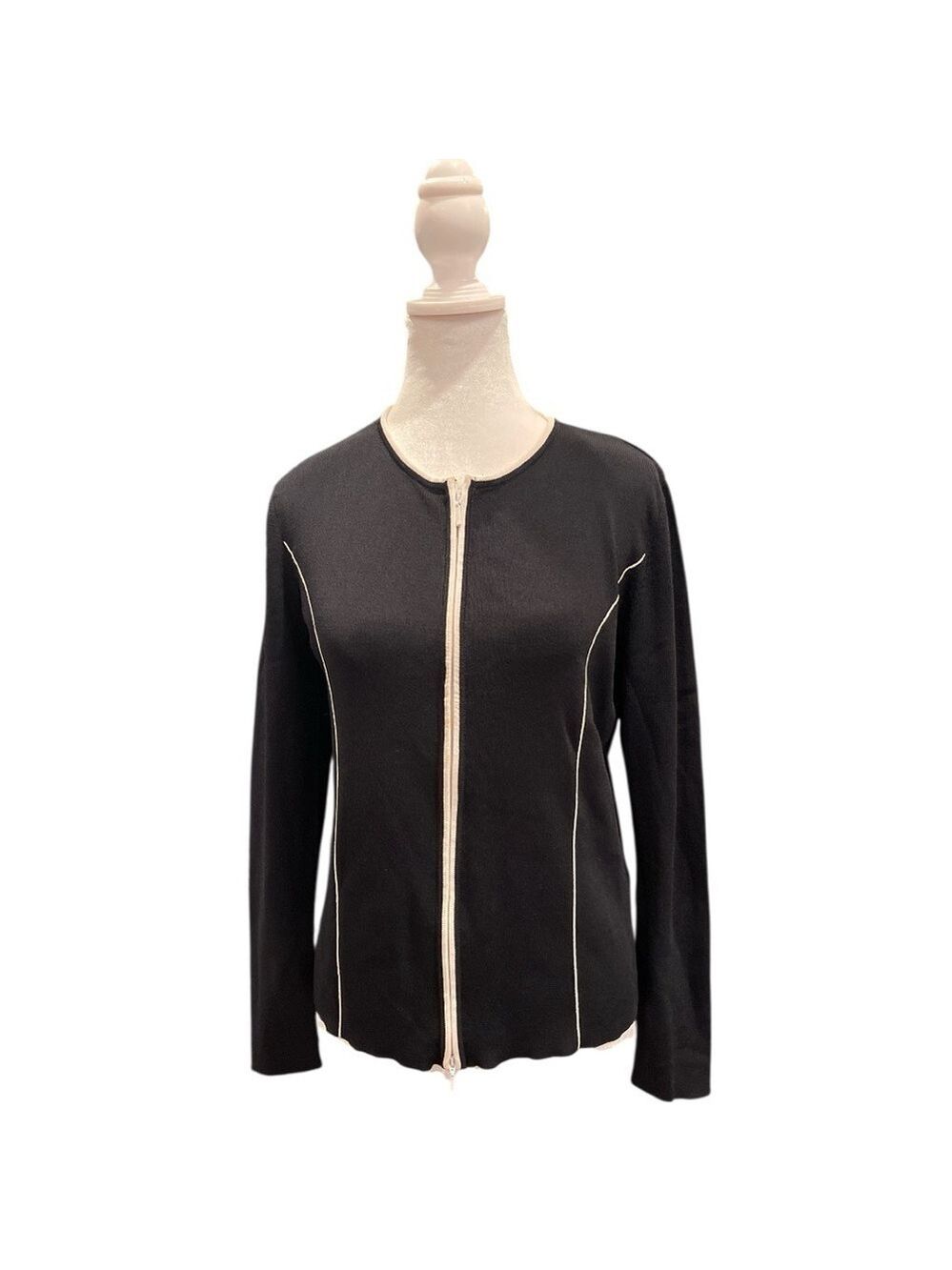 Rino Rossi Black Knit Zip Cardigan Jacket Contrast Piping Trim Women’s M vintage